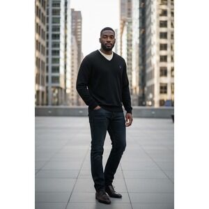 Polo Ralph Lauren Mens Black V-Neck Sweater Logo Long Sleeve Classic Fit Sz L #